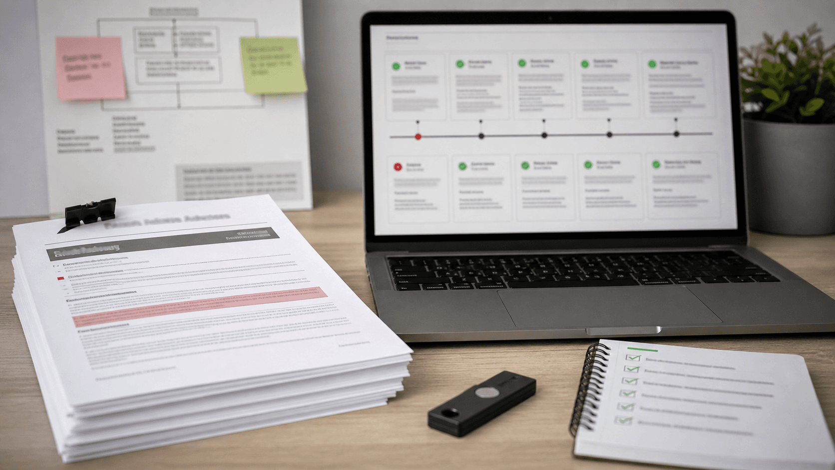 A sanitized disclosure packet, issue timeline, and credential-rotation checklist on a desk.