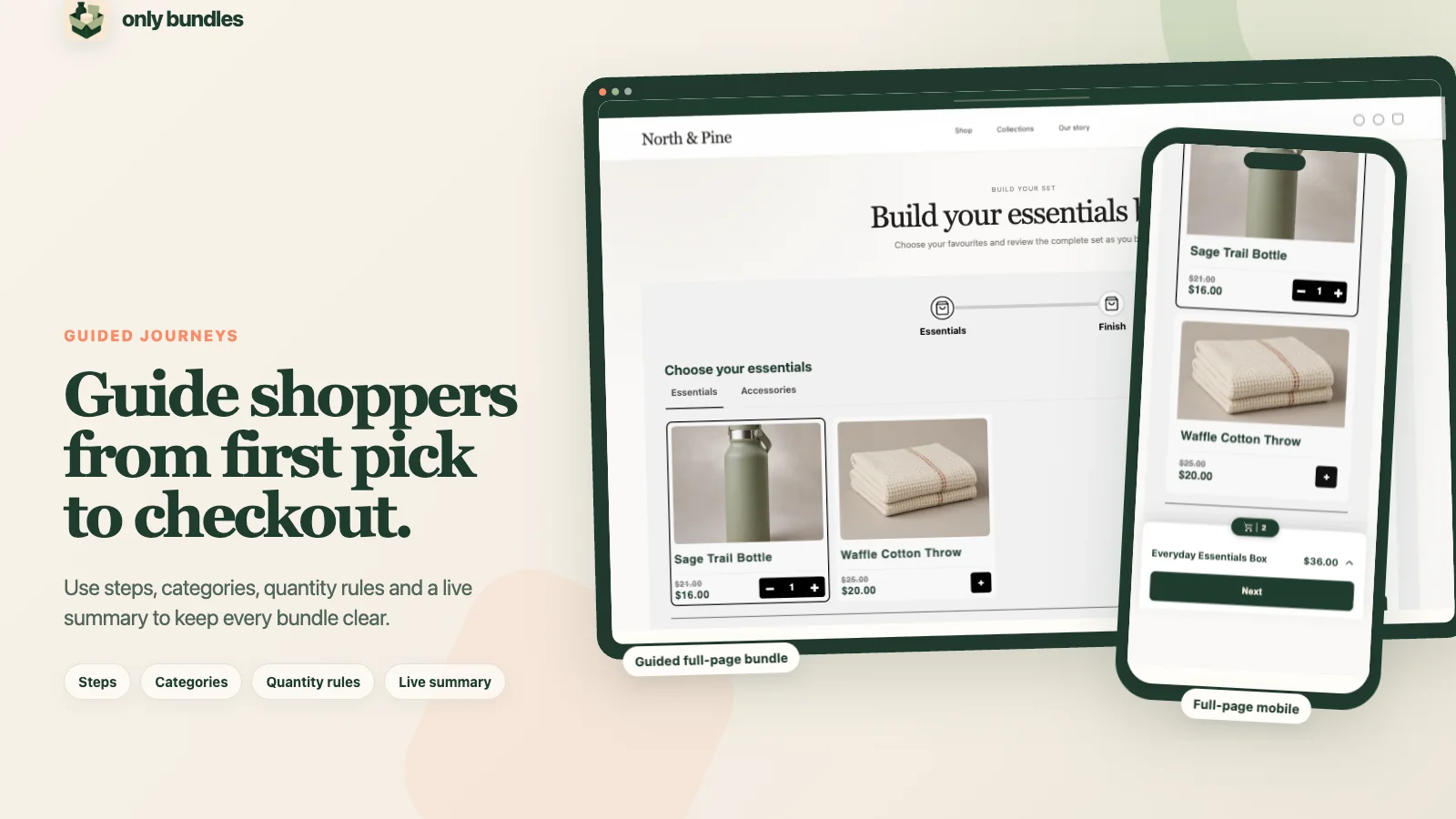 Only Bundles guided storefront flow with steps, categories, quantity rules, and a live summary