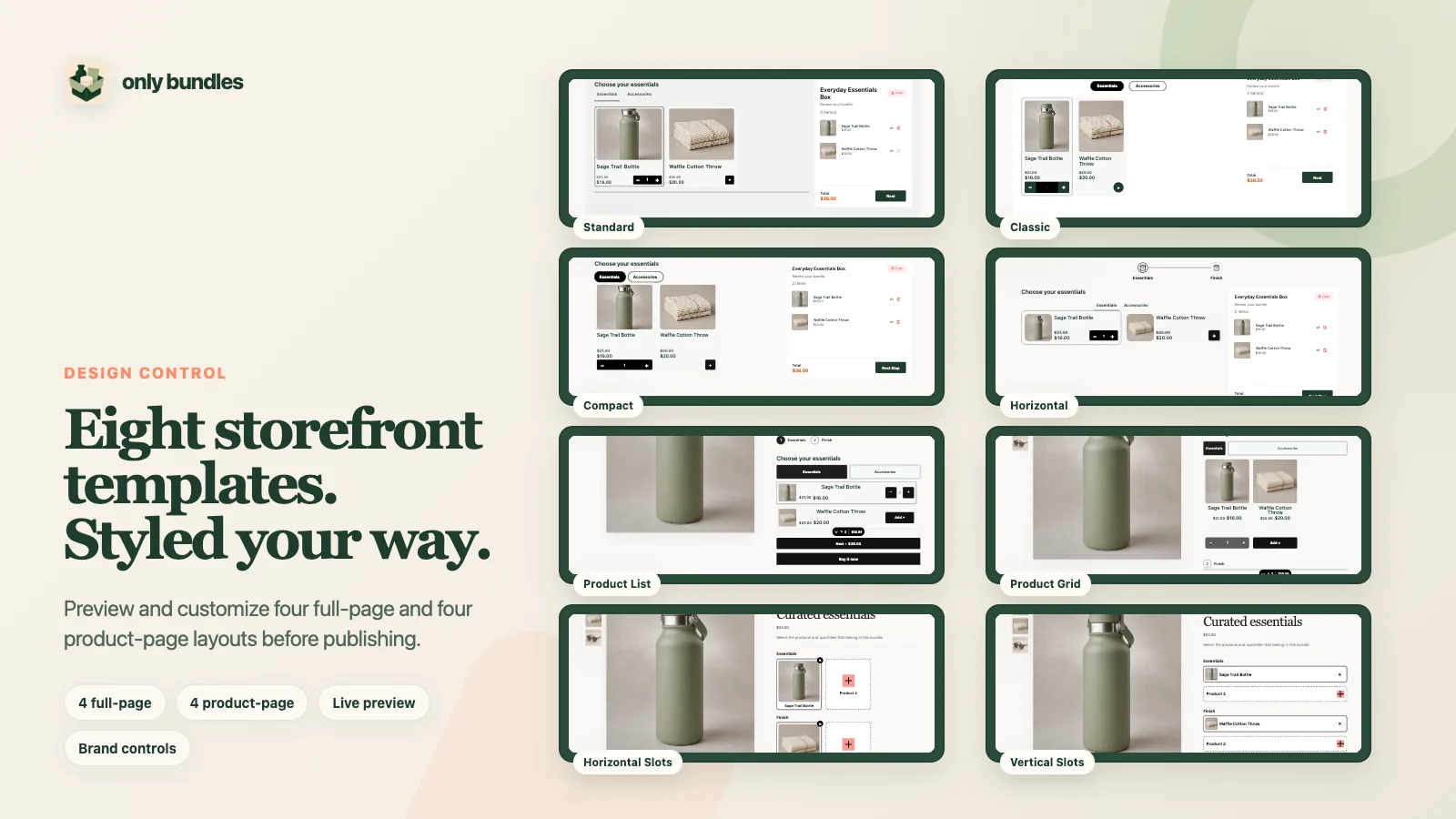 The eight Only Bundles storefront templates: four full-page and four product-page layouts