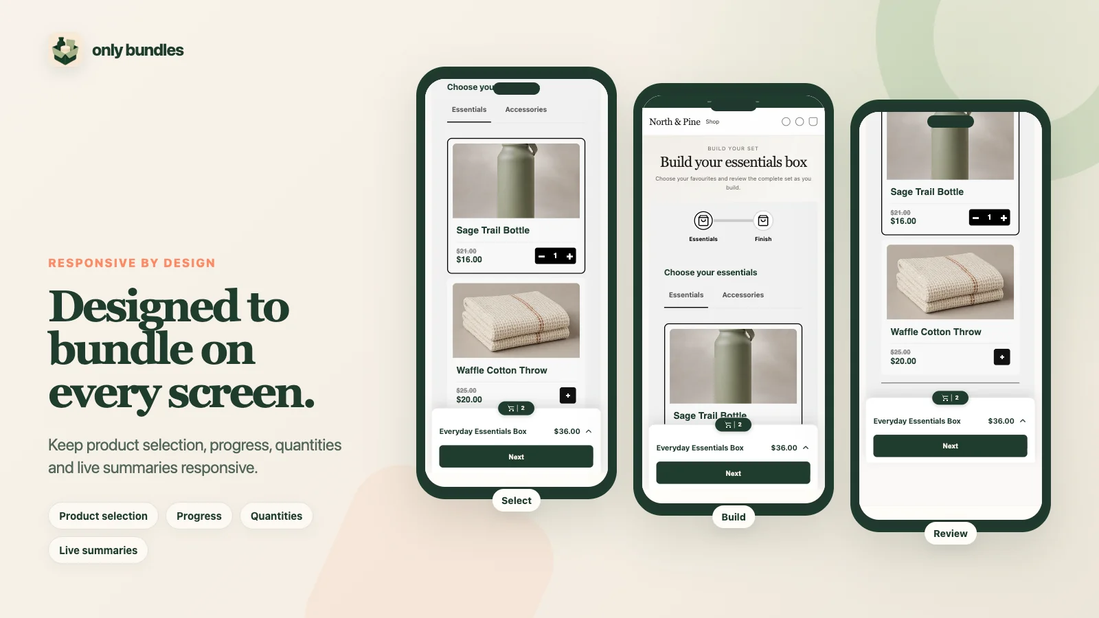 Only Bundles mobile shopper flow from product selection through bundle review