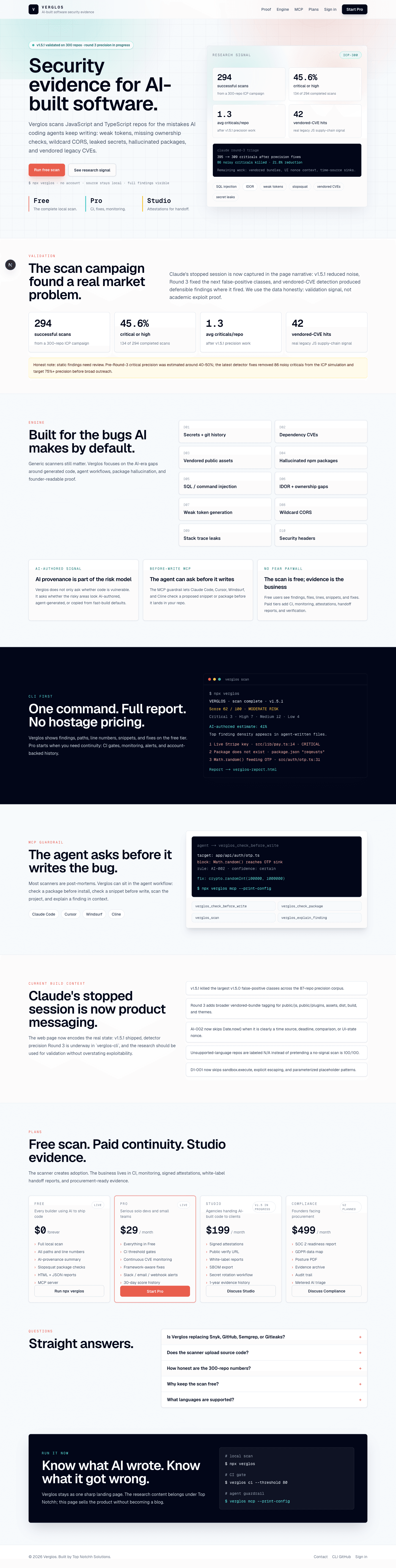 Verglos product website and security evidence page screenshot