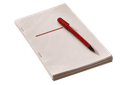 A stapled printed report with a red marker resting on the cover.