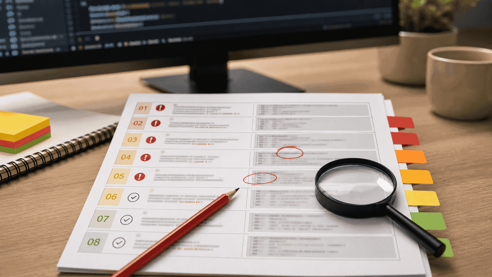 A code review report with colored evidence tabs and security review marks.