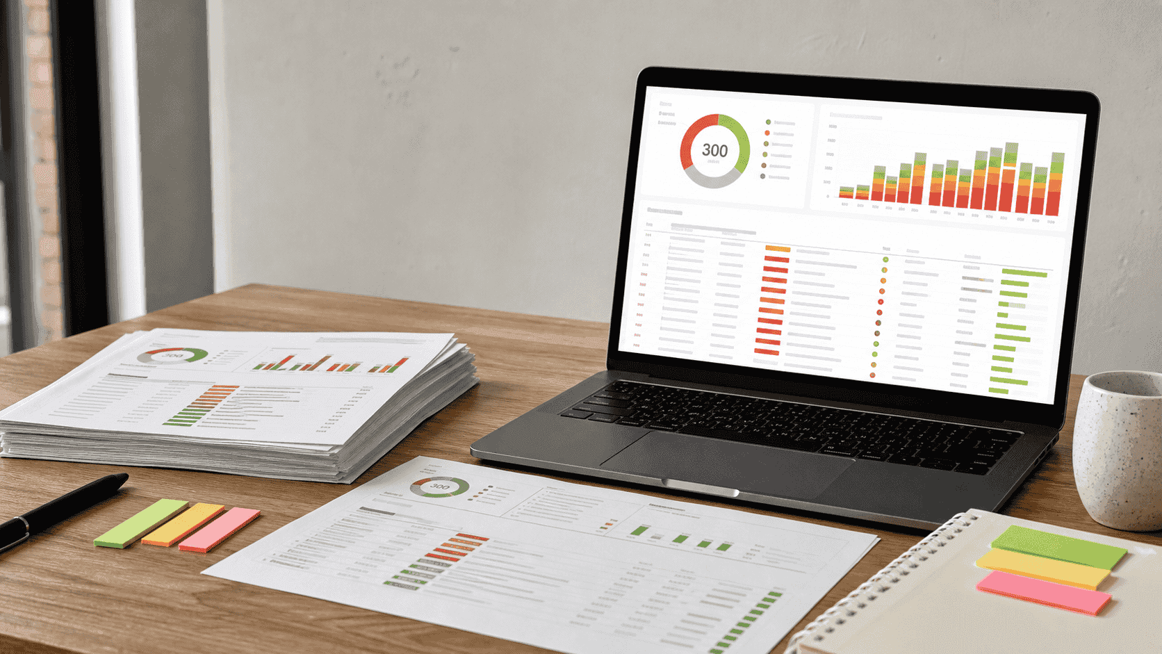 Printed scan-campaign reports and an aggregate security dashboard on a laptop.