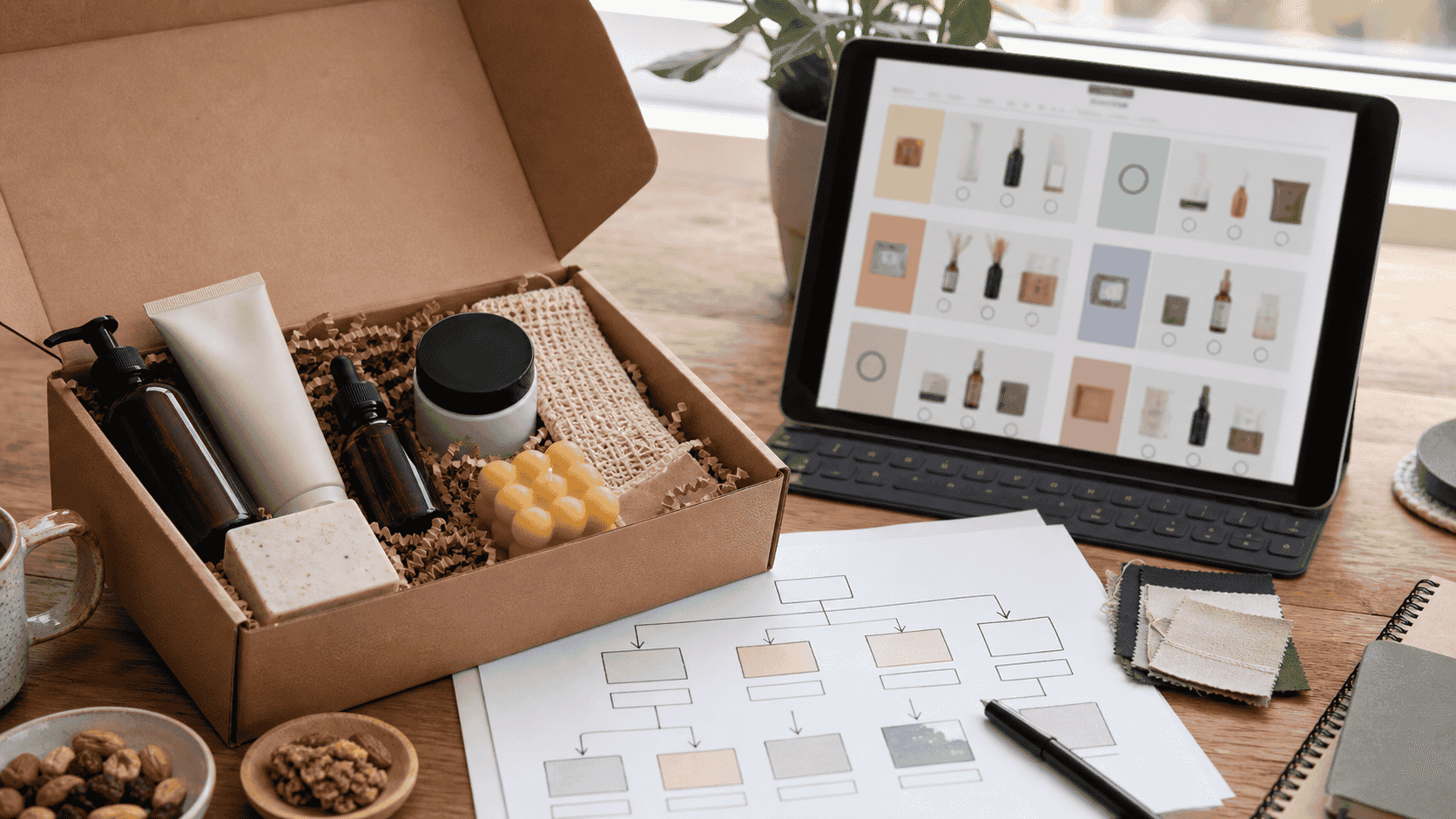 An open configurable gift box beside a tablet showing an abstract multi-step product selection grid.
