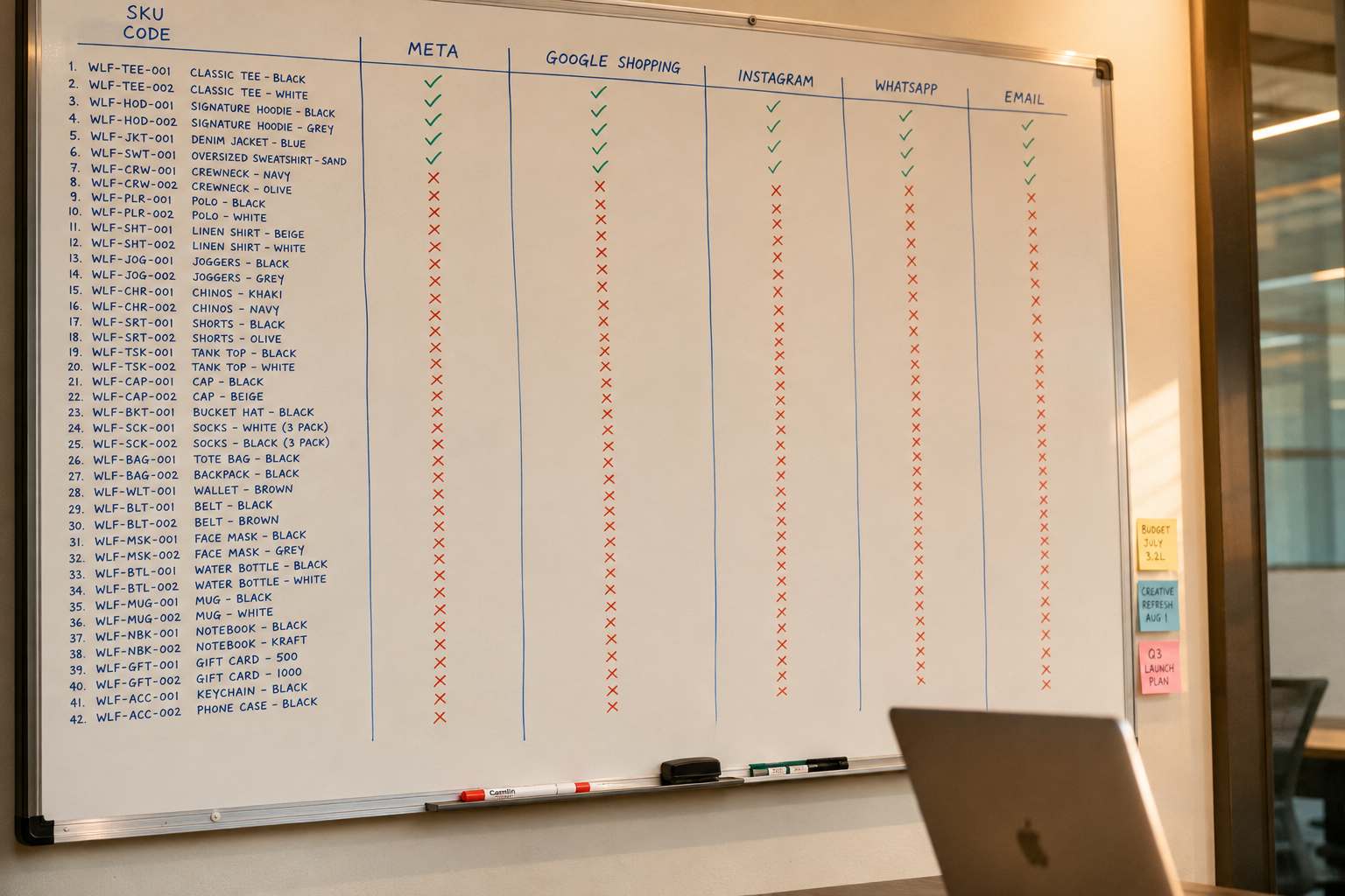 An Indian D2C marketing war-room whiteboard mapping 42 SKUs across Meta, Google Shopping, Instagram, and WhatsApp columns, with mostly red gaps.