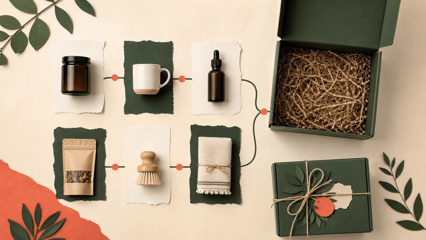 Products moving through a guided selection path into an open green gift box.