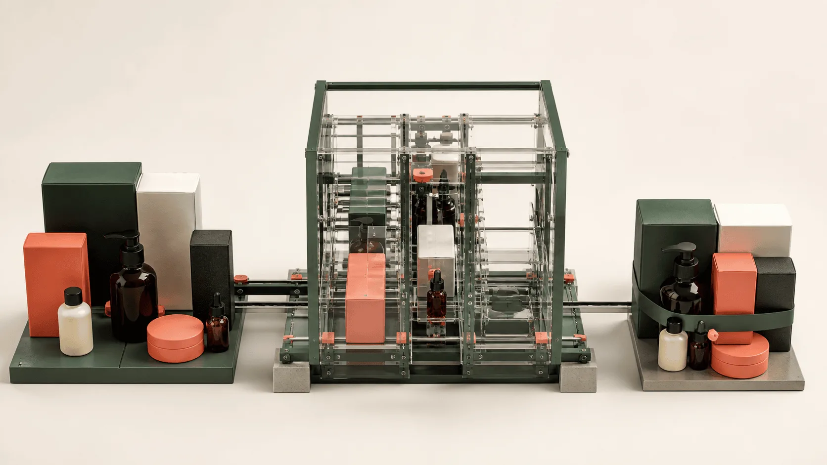 Products passing through a transparent mechanism and emerging as a traceable grouped bundle.