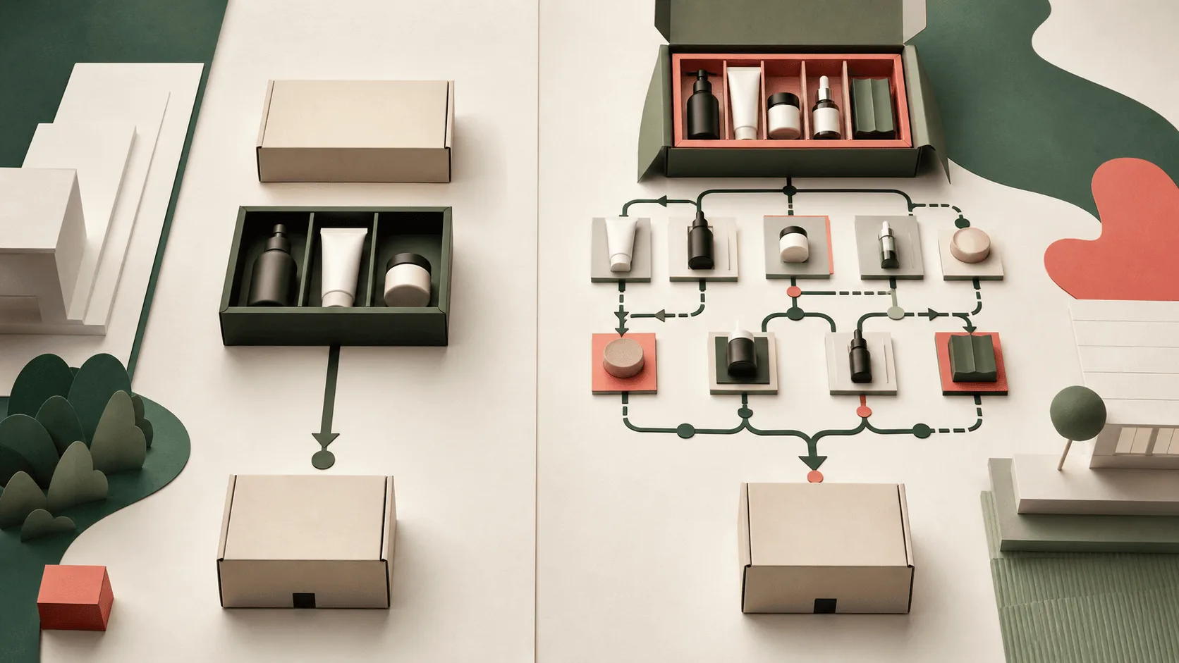 A predetermined fixed kit beside a guided modular build-a-box workflow.