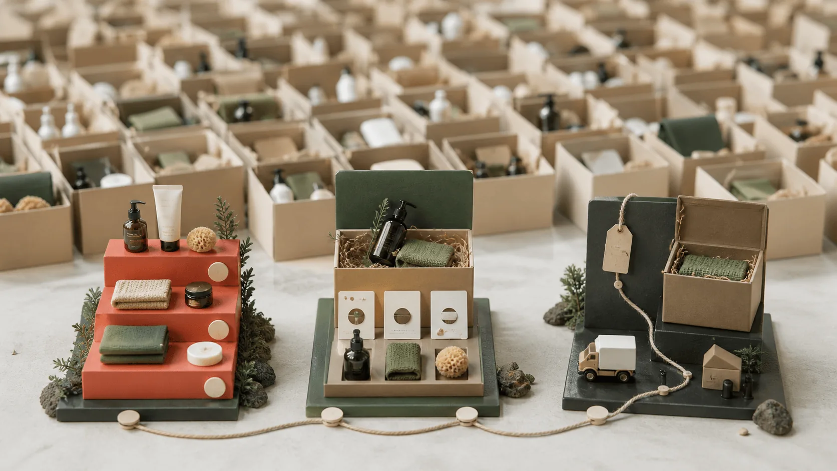 Distinct guided bundle systems standing in front of a crowded field of generic boxes.