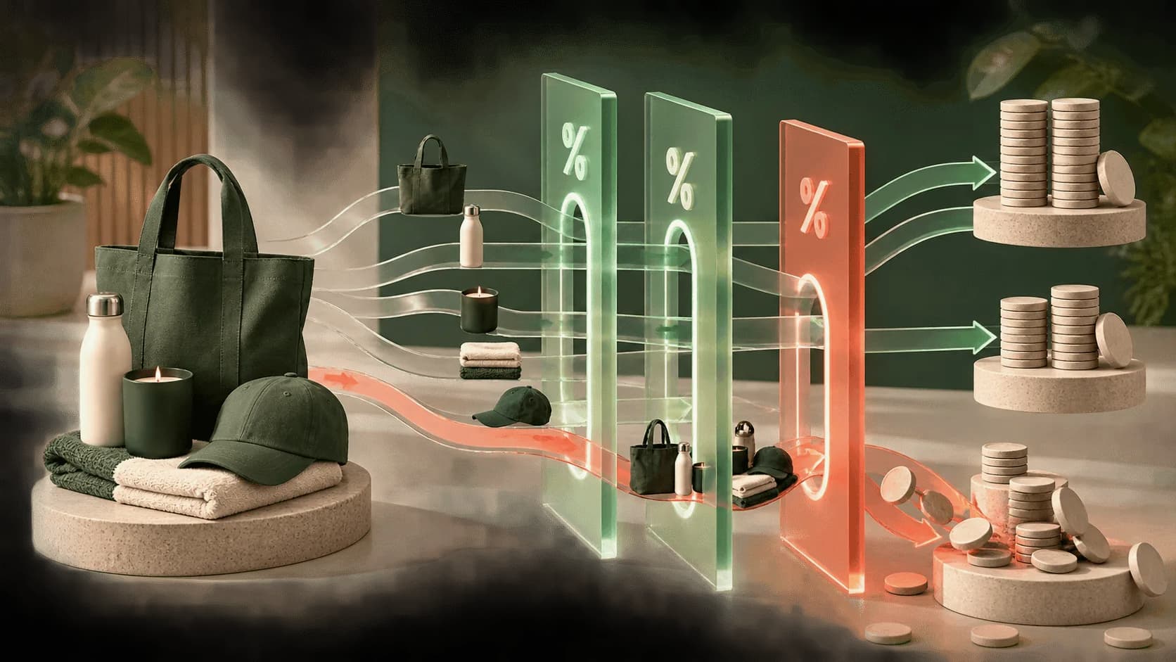 A product bundle moving through controlled discount gates toward different margin outcomes.
