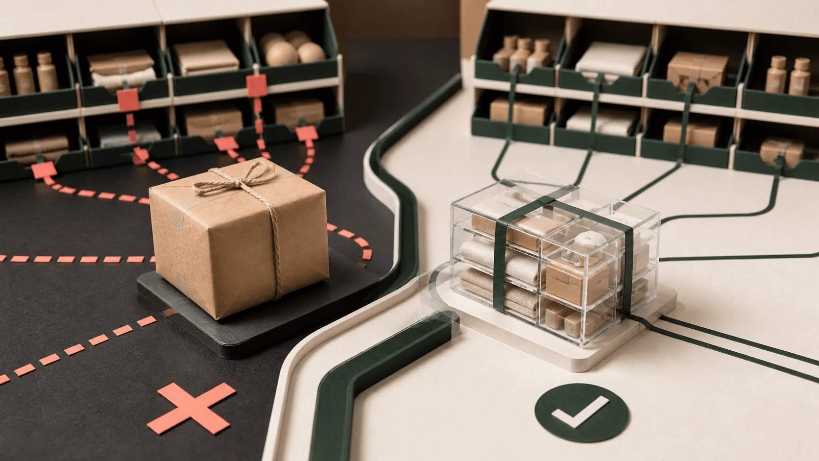 An opaque placeholder parcel beside a transparent bundle whose components connect to inventory bins.