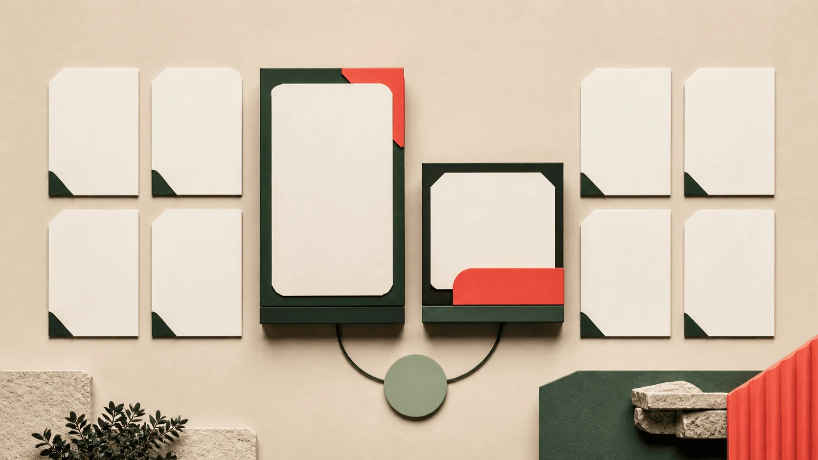 Two bundle surfaces surrounded by exactly eight blank layout cards and a separate purchase-option token.