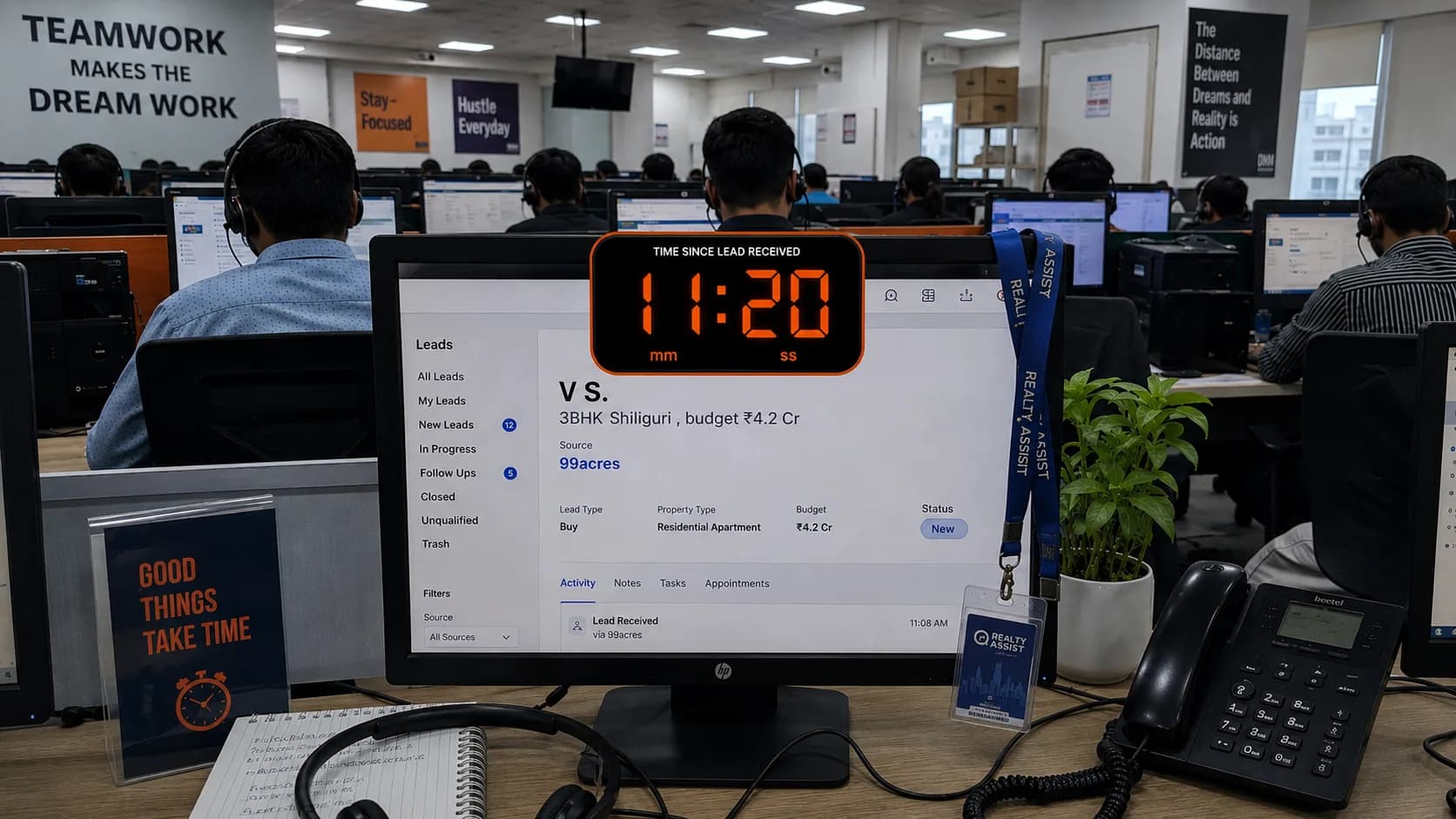 A real-estate lead screen marked V.S. with an eleven-minute response timer in a staffed sales office.