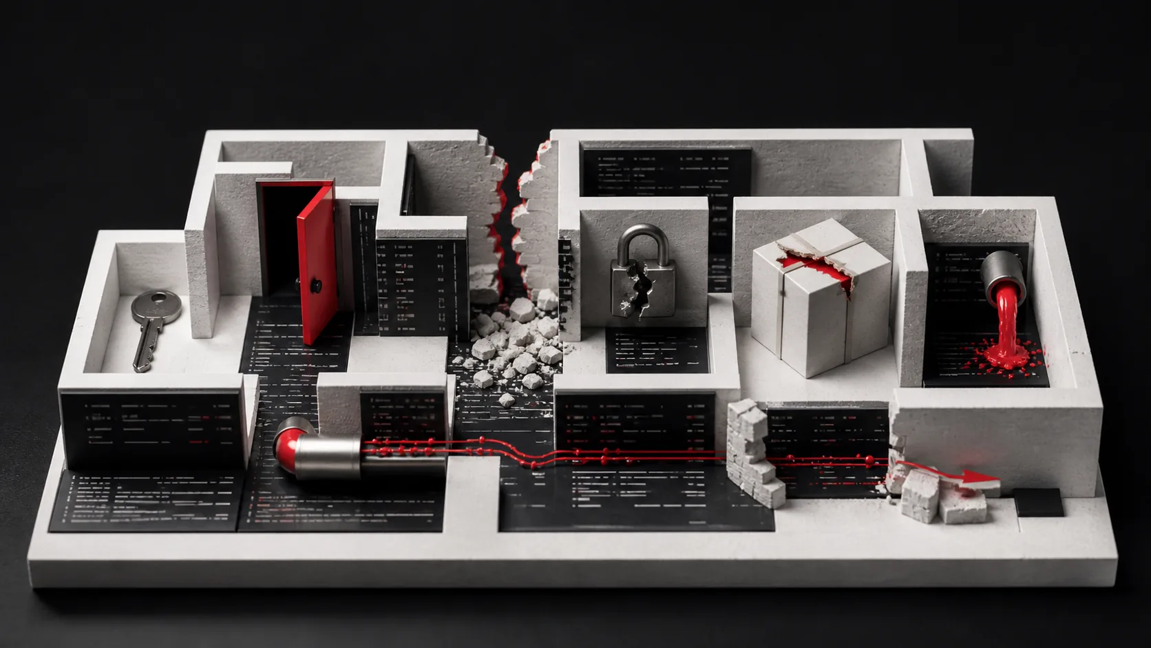 Eight distinct breaks in a miniature application-security system.