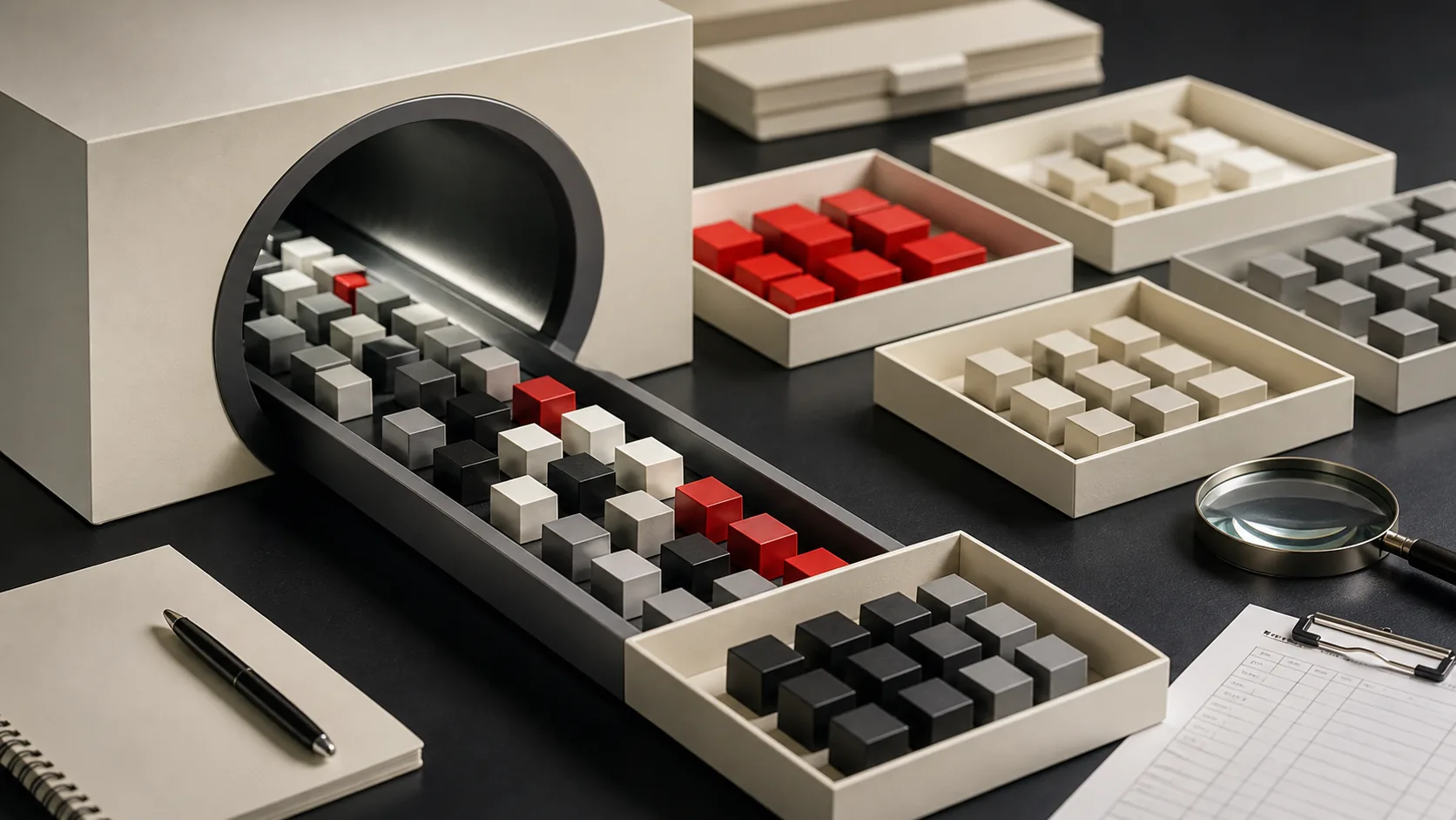 Repository blocks passing through a scanner into grouped evidence trays.