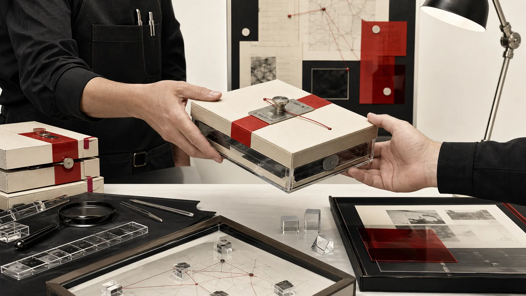 A compact evidence package receiving an integrity seal before a client handoff.