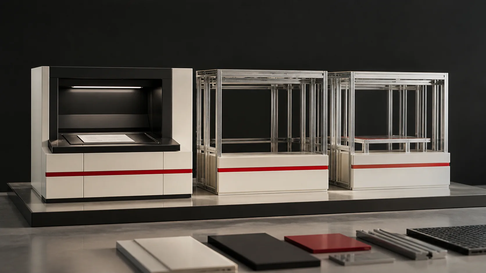 A working scanner instrument beside two clearly unfinished evidence modules.