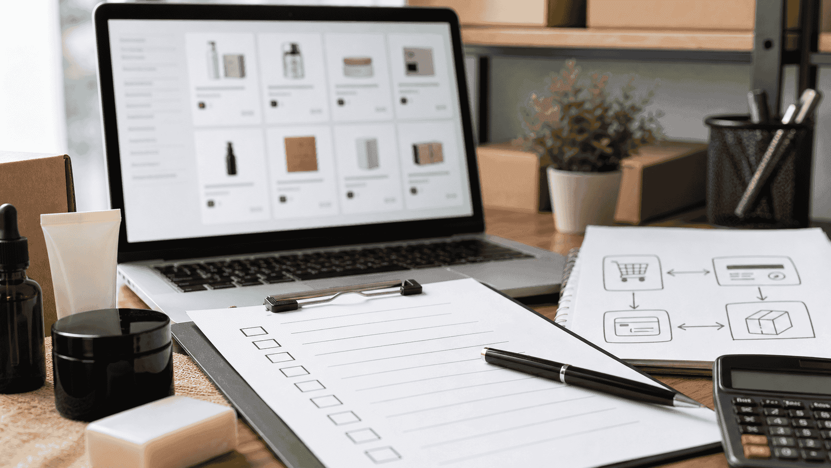 A merchant evaluation desk with a checklist, product samples, calculator, and an abstract app selection screen.