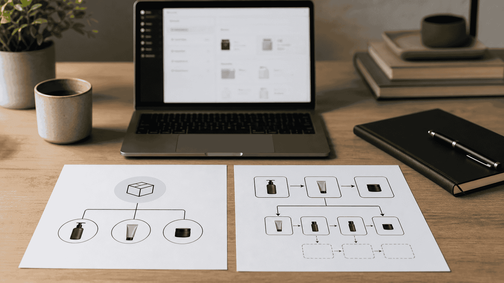 Two bundle planning diagrams on a desk, one showing a simple kit and the other a configurable bundle workflow.