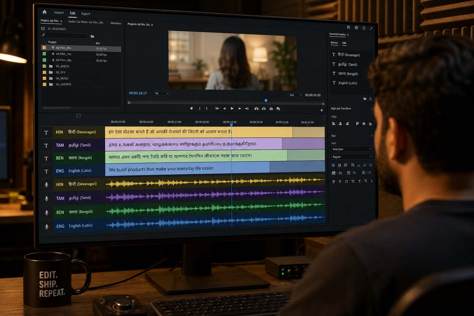 An Indian video editor's screen — video timeline over four parallel subtitle tracks in Devanagari, Tamil, Bengali, and English with voice-over waveforms below.