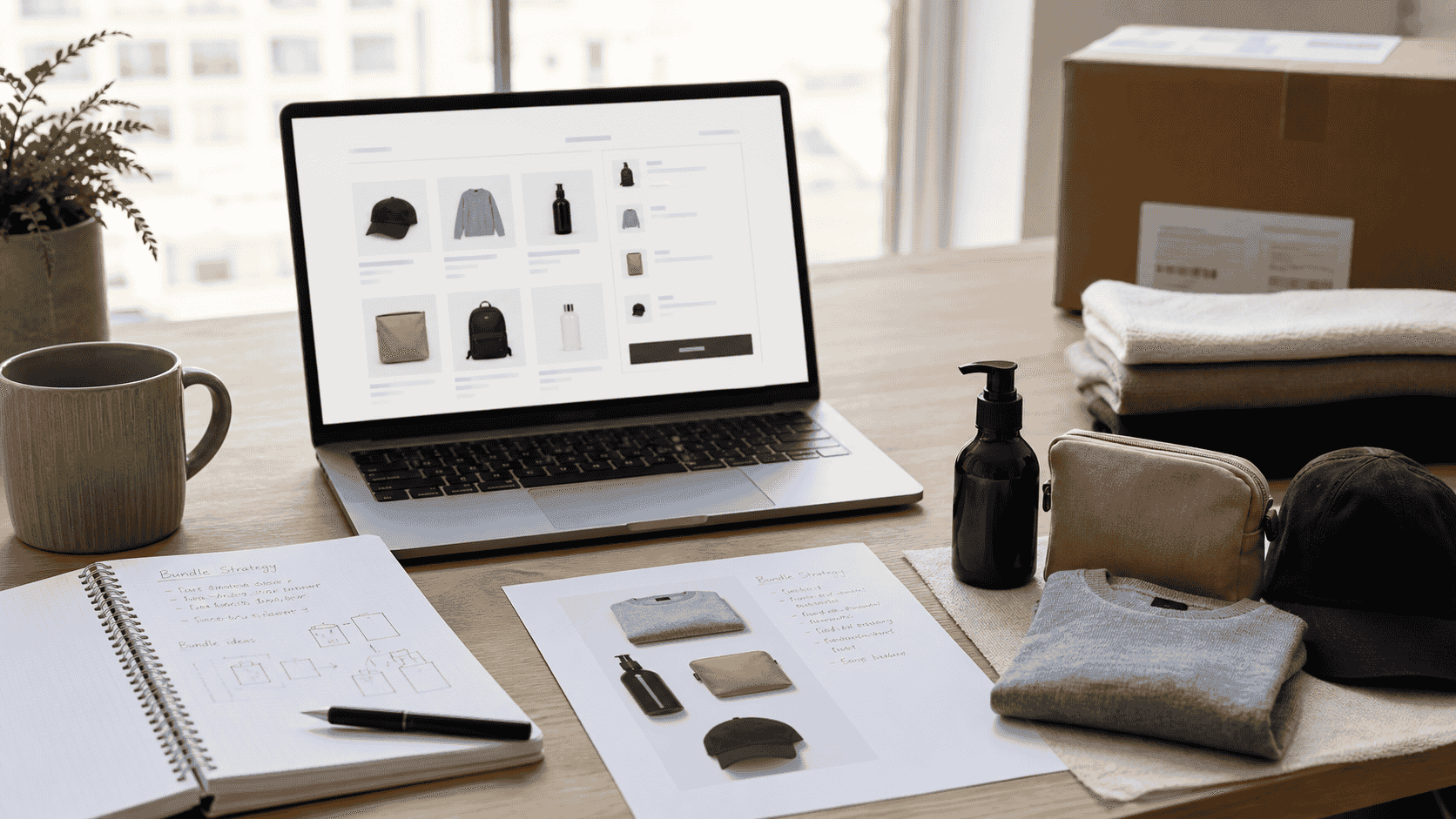 A commerce planning desk with bundle products, merchandising notes, and an ecommerce product grid on a laptop.