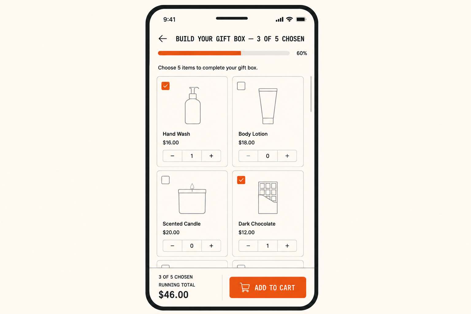 Mobile BYOB layout with sticky summary, selection count, and progress bar as first-class UI elements.